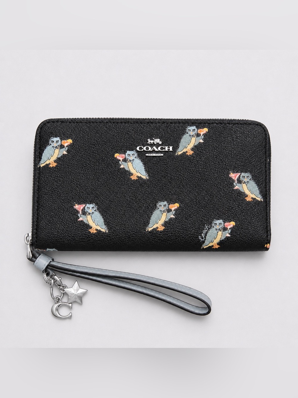 Coach Black Leather Wristlet Wallet with Party Owl Print